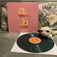Auf einer weißen Innenhülle liegt eine Schallplatte mit einem orangefarbenen Etikett. Dahinter befindet sich ein rosa Plattencover mit den Buchstaben "a" und "b". Ein kleines Plüschtier, das einer Schildkröte ähnelt, liegt neben der Schallplatte.