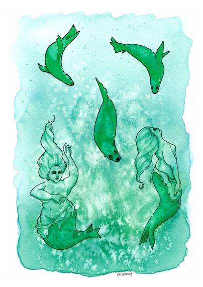 Watercolour painting in shades of green of two selkies emerging from their skins underwater, with seals swimming around them.