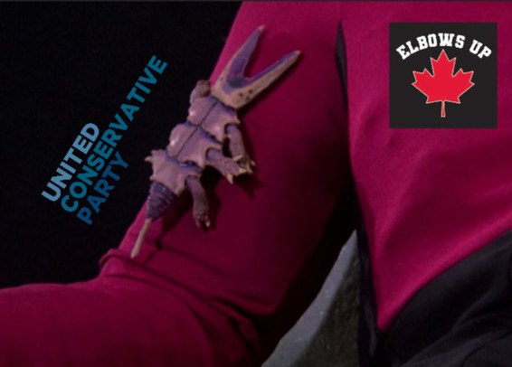 Star Trek officer in red outfit (Elbows Up Maple Leaf) with brain parasite (United Conservative Traitor Party) climbing up arm