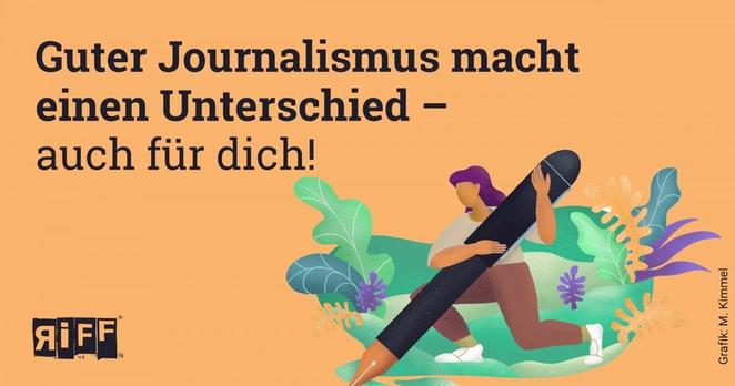 Bildkachel mit Grafik: Frau hält menschengroßen Stift. Darauf der Text: Guter Journalismus macht einen Unterschied - auch für dich!