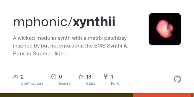 A wicked modular synth with a matrix patchbay inspired by but not emulating the EMS Synthi A. Runs in Supercollider. The successor to 2006&#39;s Xynthi.  - GitHub - mphonic/xynthii: A wicked modula...