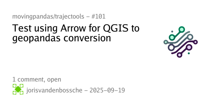 Summary card of an issue titled "Test using Arrow for QGIS to geopandas conversion" in repository movingpandas/trajectools