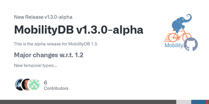 This is the alpha release for MobilityDB 1.3.
Major changes w.r.t. 1.2
New temporal types:

New temporal geometry tgeometry and temporal geography tgeography types, which can represent the temporal...