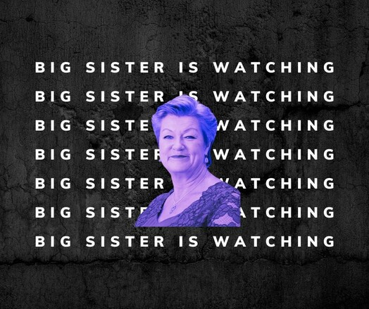 Foto der Kommissarin Ylva Johansson. Text "Big sister is watching" ist hinterlegt