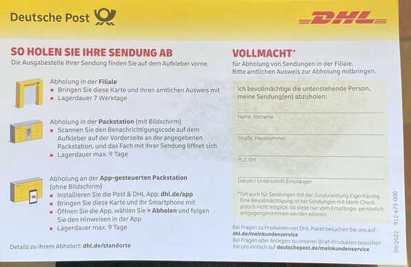 Benachrichtigungskarte von DHL