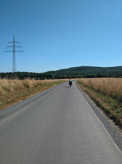 Asphaltierter Wirtschaftsweg zwischen Feldern, klein eine radfahrende Person am Horizont