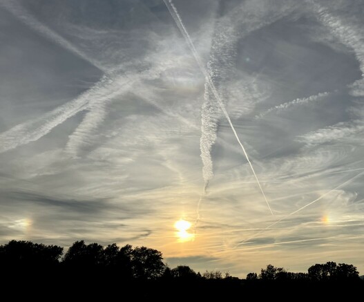 Sonnenuntergang an blau-grauem Himmel mit zwei Nebensonnen (links und rechts) unter zahlreichen dünnen Wolkenschleiern und Kondensstreifen. Darunter schwarzer Wald.