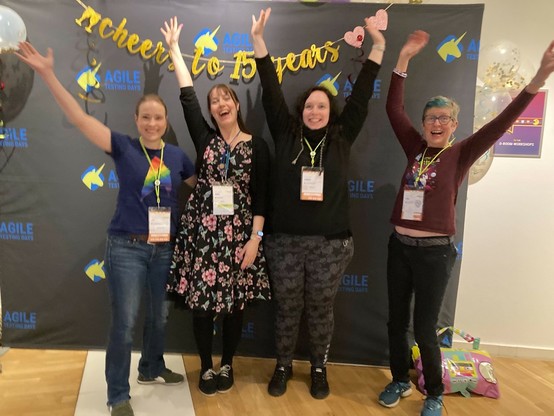 Lisi, Anne, me and Lisa in front of the 15th anniversary PhotoBooth of the Agile Testing Days 2023