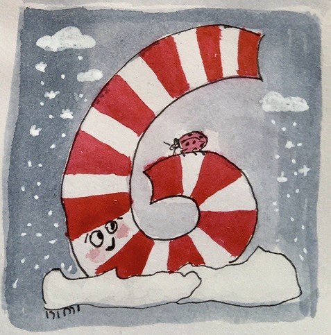 Aquarell Ink. Eine große, rot-weiß gestreifte Sechs steckt im Schnee. Auf ihr krabbelt ein kleiner Marienkäfer, diesem lächelt die Sechs zu.
