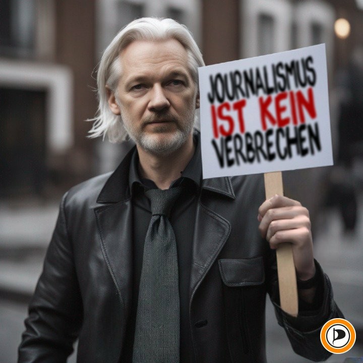 Julian Assange hält Schild mit Aufschrift "Journalismus ist kein Verbrechen"