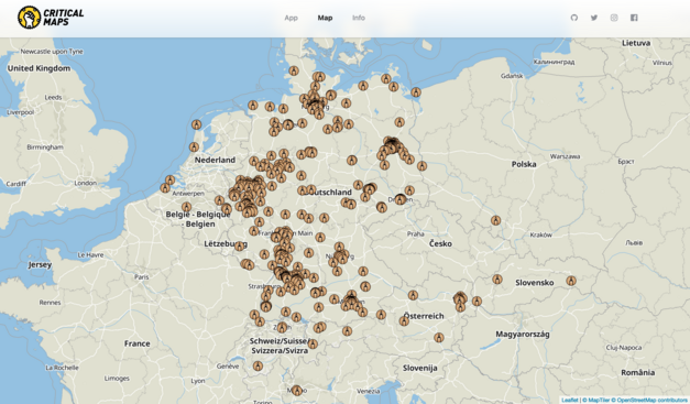 Screenshot Critical Maps mit sehr vielen Kerzen im deutschsprachigen Raum