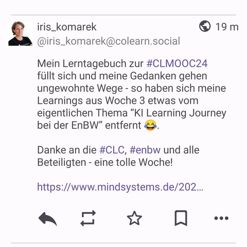 Screenshot eines Beitrags von iris_komarek über 'KI learning' Inhalt ist aber gar nicht so wichtig, es geht mehr um die Technik hinter Mastodon.
