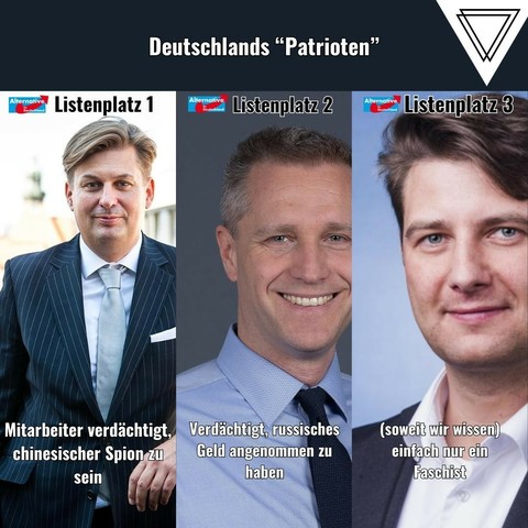 "Deutschlands "Patrioten""

"AfD Listenplatz 1": Maximilian Krah "Mitarbeiter verdächtigt, chinesischer Spion zu sein"
"AfD Listenplatz 2": Petr Bystron "Verdächtigt, russisches Geld angenommen zu haben"
"AfD Listenplatz 3" René Aust "(soweit wir wissen) einfach nur ein Faschist"

Logo von Volksverpetzer
