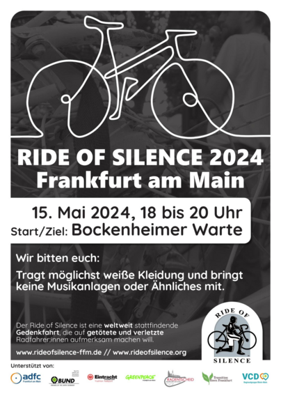 Sharepic für den Ride of Silence. Start 15.5.24, 18-20 Uhr, Start/Ziel Bockenheimer Warte