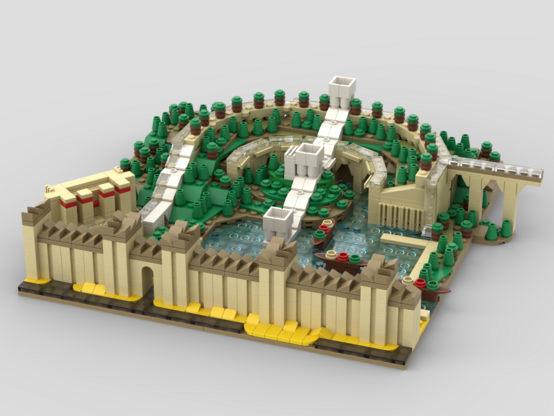 Die Hängenden Gärten von Niniveh, eines der Sieben Weltwunder der Antike, in historisch realistischer Rekonstruktion mit Aquädukt-Zubringer, mehreren Garten-Ebenen mit künstlichen Flüssen und unten einem See, auf dem Show-Seeschlachten ausgetragen werden konnten. Vorne die Hochwasser-Schutz-Mauer mit Wasser-Abfluss zum Khosr-Fluss.