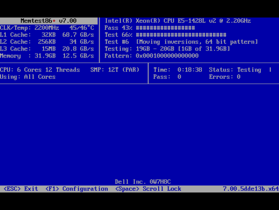Screenshot of a memtest86+ running on an Intel(R) Xeon(R) CPU E5-1428L vZ @ 2.20GHz

CLK/Temp: 2200 MHz, 45/46°C
L1 Cache: 32KB, 68.7 GB/s
L2 Cache: 256KB, 34 GB/s
L3 Cache: 15MB, 20.8 GB/s
Memory: 31.9 GB, 12.5 GB/s

CPU: 6 Core 12 Threads   SMP: 12T (PAR), Using: All Cores 

Currently doing Test #6 [Moving inversions, 64 bit pattern], finished 43% overall, 66% of the current test; runtime so far 18:38, no errors.


