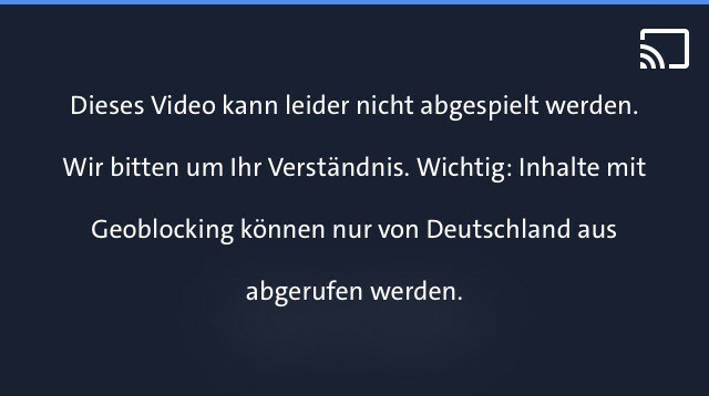 Screenshot einer Info in der Mediathek: Dieses Video kann leider nicht abgespielt werden…. Inhalte mit Geoblocking können nur von Deutschland aus abgerufen werden.