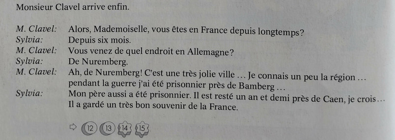 Picture of a dialog in a German French textbook. M. Clavel reveals he has been POW in Germany, and Sylvia replies that her father has been POW in France.