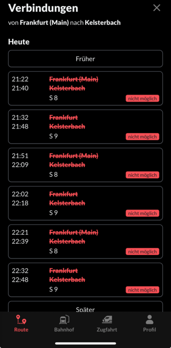 Screenshot mit ausgefallenen Bahnverbindungen in Frankfurt