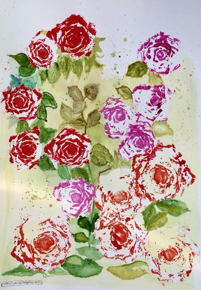 Acryl. Aquarell. Rote und rosa gedruckte Rosenblüten, Datum herum Blattwerk in Grüntönen.