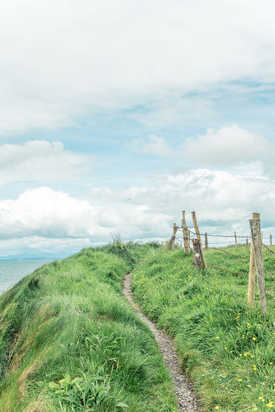 Ein komplett grasbewachsener Hang direkt an der wilden irischen Küste bei halbwegs gutem Wetter. Durch das grüne Gras schlängelt sich ein schmaler Trampelpfad. Links erkennt man einen Zipfel vom Meer, rechts begrenzt ein Holz-Zaun den Weg. Durch weiße Wolken lukt vereinzelt blauer Himmel.