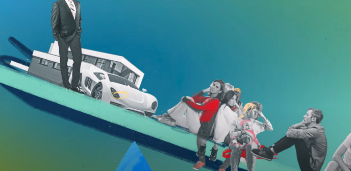 Ein Symbolbild mit einer Waage, auf der mehrere Personen auf einer Seite sitzen, auf der anderen Seite ist nur eine Person mit einem Haus und einem Auto abgebildet. 