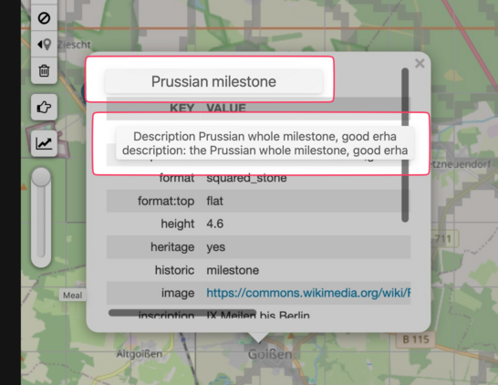 Screenshot einer Karten-Applikation im Safari Webbrowser. Es ist ein Overlay mit ursprünglich deutschen Texten zu sehen. Über den deutschen Texten sind Bubbles, die die Übersetzung ins Englische enthalten.