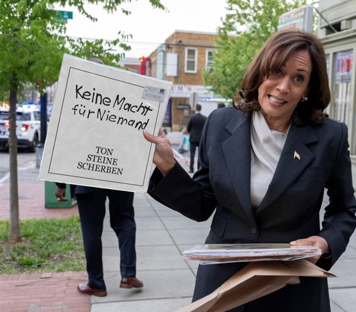 Fake Bild von Kamala Harris, wie sie eine Ton Steine Scherben Platte in der Hand hält.
