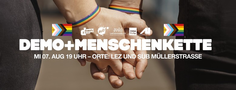 Bild mit Demoaufruftext aus Toot über zwei miteinander verschränkten Händen mit Regenbogen Armbändern.