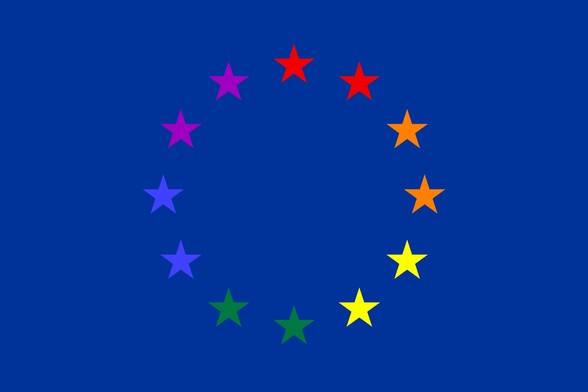 Flag of the European Union, blue background, but the stars are in all colors of the queer rainbow