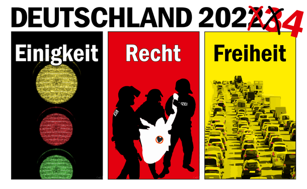 Deutschland 2024 die letzte 2 ist rot durchgekreuzt und eine große rote 3 und 4 dahinter gesetzt, darunter 3 Grafiken in Schwarz, Rot, Gold mit Einigkeit und Ampel vor schwarzem Grund, oben leuchtet an falscher Position Gelb für die FDP, danach in klein Rot für SPD und Grün geht schon unten aus dem Bild heraus für Die Grünen. Recht vor rotem Hintergrund, drei stark geschützte Polizisten mit Helm in schwarzer Silhouette tragen eine Aktivistin von #LetzteGeneration fort in weißer Silhouette und ihr Herz ist das Logo von Letzte Generation. Freiheit auf goldgelbenem FDP Hintergrund mit einem stilisierten endlosen Autobahnstau bis zum Horizont.