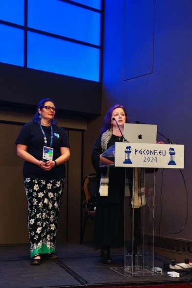 Karen Jex, Stacey Haysler at the presentation desk