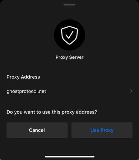 a screenshot of Signal after clicking on the signal.tube link we've published where Signal asks for user verification of enabling the use of a Signal proxy to GhostProtocol.net