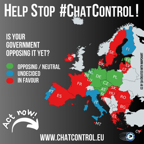 Sharepic zeigt eine Karte von Europa. „Hilf die Chatkontrolle zu stoppen! Ist deine Regierung schon dagegen?“ Zeigt den größten Teil der EU in roter Farbe, also „für“ Chatkontrolle. „Handele jetzt! www.chatkontrolle.de“ und das Logo der europäischen Piraten.