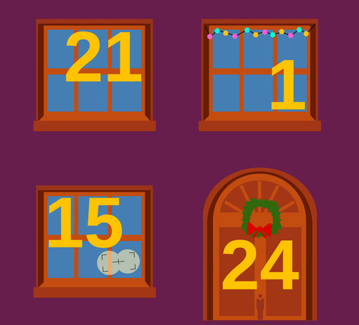 Das Bild zeigt vier Fenster und eine Tür auf einem dunkelvioletten Hintergrund:
•	Oben links: Ein Fenster mit der Zahl 21 in großen gelben Ziffern vor blauem Hintergrund.
•	Oben rechts: Ein Fenster mit der Zahl 1, geschmückt mit einer bunten Lichterkette am oberen Rahmen.
•	Unten links: Ein Fenster mit der Zahl 15. Im unteren rechten Bereich ist eine weiße Schneekugel zu sehen.
•	Unten rechts: Eine Doppeltür mit der Zahl 24 in Gelb, dekoriert mit einem grünen Kranz und einer roten Schleife.