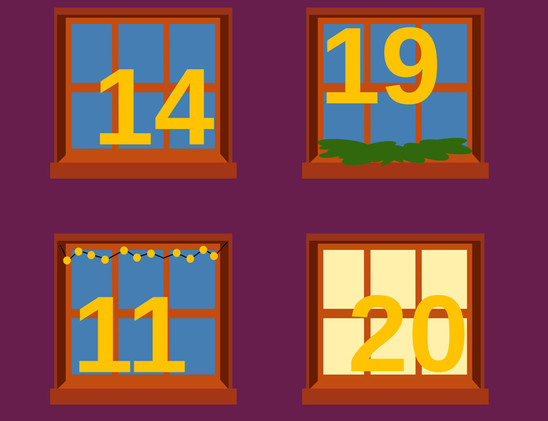 Das Bild zeigt vier Fenster vor einem dunkelvioletten Hintergrund. Jedes Fenster hat eine braune Umrandung und blaue Glasscheiben. In jedem Fenster steht eine gelbe Zahl:
•	Oben links: “14”.
•	Oben rechts: “19” mit grünen Zweigen auf der Fensterbank.
•	Unten links: “11” mit einer Lichterkette an der Oberseite des Fensters.
•	Unten rechts: “20” vor einem hellgelben Lichtschein.