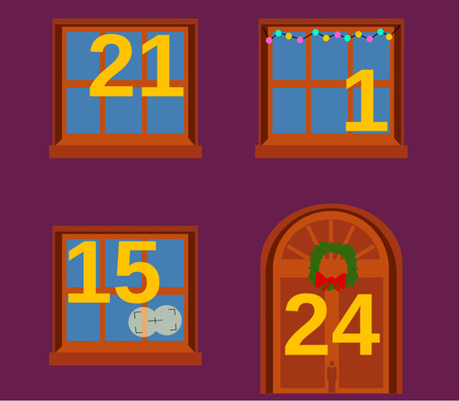Das Bild zeigt vier Elemente auf einem dunkelvioletten Hintergrund: drei Fenster und eine Tür. Jedes Element trägt eine gelbe Zahl:
•	Oben links: Ein schlichtes Fenster mit der Zahl „21“.
•	Oben rechts: Ein Fenster mit einer bunten Lichterkette am oberen Rand und der Zahl „1“.
•	Unten links: Ein Fenster mit der Zahl „15“ und einem angedeuteten kleinen Geschenk oder Symbol unten rechts.
•	Unten rechts: Eine Tür mit der Zahl „24“, geschmückt mit einem grünen Kranz und einer roten Schleife.