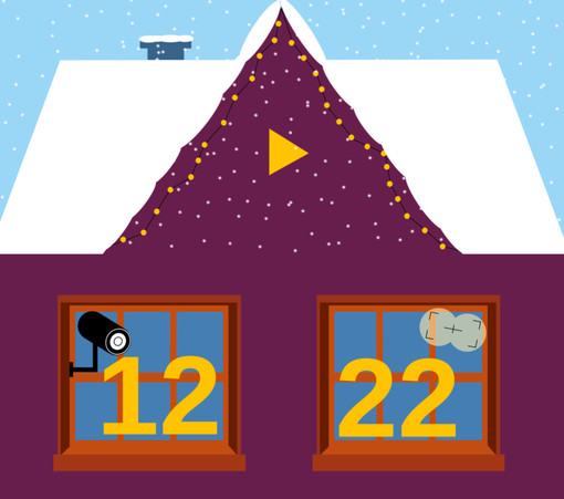Ein Haus mit einer schneebedeckten Dachspitze, dekoriert mit einer gelben Lichterkette. In der Mitte des Daches ist ein gelbes Dreieck (das Logo von Digitalcourage), das wie eine “Play”-Taste aussieht. Unten befinden sich zwei Fenster. Im linken Fenster ist die Zahl “12” in Gelb zu sehen, daneben eine schwarze Kamera. Im rechten Fenster steht die Zahl “22”, und daneben schwebt eine Wolke mit einem zarten, gezeichneten Gesicht. Der Hintergrund ist winterlich mit fallendem Schnee.

Bild: Katrin Elmenhorst