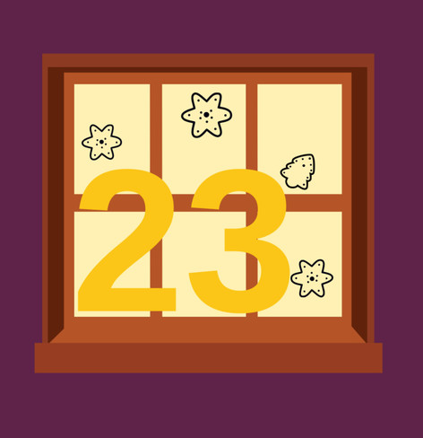 Das Bild zeigt eine stilisierte Fensterdarstellung eines Adventskalendertürchens auf einem dunkellila Hintergrund. Das Fenster besteht aus sechs Scheiben, durch die gelbes Licht scheint. In der Mitte des Fensters steht die gelbe Zahl “23” groß und prominent. Um die Zahl sind kleine, sternförmige Kekse oder Dekoelemente abgebildet, die das Thema Weihnachten oder Advent versinnbildlichen.