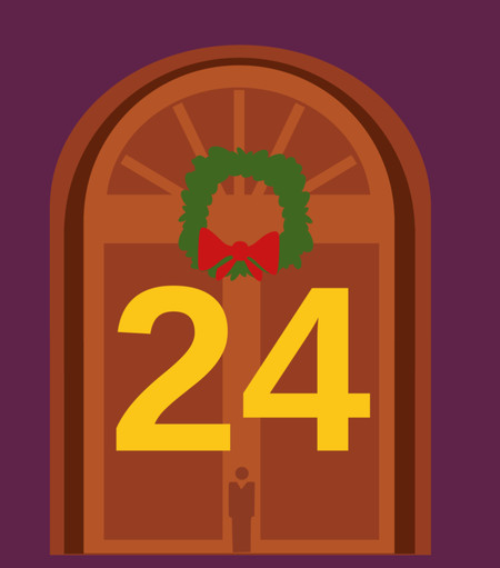 Ein großes, zweiflügeliges Türmotiv in warmen Brauntönen, dekoriert mit einem grünen Weihnachtskranz, der eine rote Schleife trägt. Die Zahl “24” in leuchtendem Gelb ist prominent auf der Tür dargestellt. Im unteren Bereich ist die Silhouette einer kleinen BigBrotherAwards-Statue angedeutet. Der Hintergrund ist in dunklem Violett gehalten.