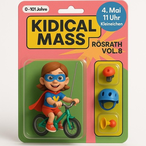Eine bunte Verpackung sieht aus wie eine Spielzeugfigur. In der Mitte sitzt ein fröhliches Kind auf einem kleinen grünen Fahrrad. Das Kind trägt eine blaue Maske, ein rotes Cape, ein blaues T-Shirt mit einem gelben Buchstaben „V“, rote Shorts und rote Turnschuhe. Rechts daneben sind drei kleine Gegenstände zu sehen: eine rote Fahrradklingel, ein blauer Helm und eine gelbe Hupe mit rotem Knopf. Oben auf der Verpackung steht in großer Schrift: „Kidical Mass Rösrath Vol. 8“. In einem blauen Kreis oben rechts steht: „4. Mai, 11 Uhr, Kleineichen“. Oben links steht: „0–101 Jahre“.
