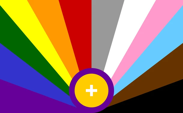 equal LGBTQIA+ Pride Flagge, jede Farbe hat bei diesem Design die gleiche Fläche erhalten, 1/13 bzw. 7,7%. Mittig auf dem Horizont steht die "Intersex" Sonne in gelb mit lila Kreisrand, darin ein weißes + für alle künftigen und nicht explizit aufgegriffenen Orientierungen. Aus deren Zentrum strahlen die 12 Farben heraus bis zum Rand, von links unten beginnend mit violett, blau, grün, gelb, orange, rot, grau, weiß, rosa, hellblau, braun, schwarz

Equal LGBTQIA+ Pride Flag © 01.05.2025 by Sascha Niedrig is licensed under CC BY-NC-SA 4.0. To view a copy of this license, visit https://creativecommons.org/licenses/by-nc-sa/4.0/