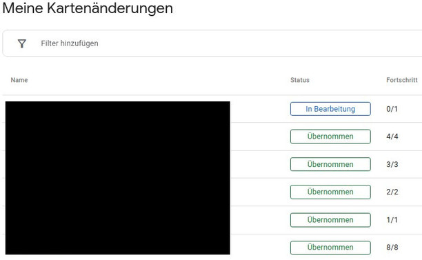 Screenshot einer Webseite mit der Überschrift "Meine Kartenänderungen" und einer Tabelle. Dort sind die Namen geschwärzt, der Status steht bei den meisten auf "Übernommen" und bei einem noch auf "In Bearbeitung"