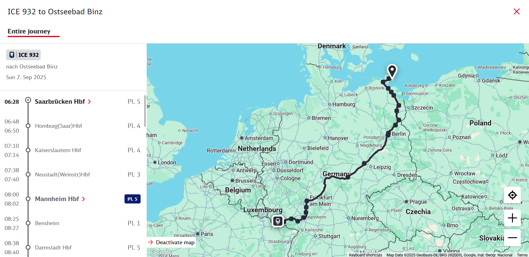 Karte mit dem Zugverlauf. Einmal quer durch Deutschland von Südwesten nach Nordosten.