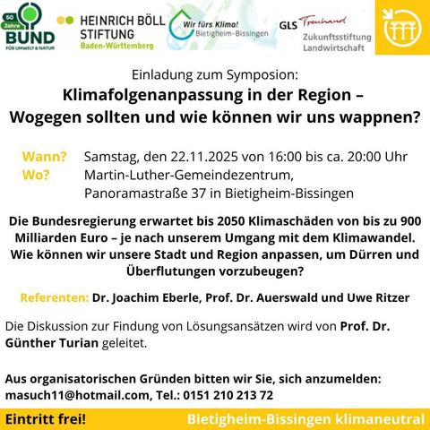 Einladung zum Symposium Klimafolgenanpassung am 26.11.2025 16:00 bis ca. 20:00 Uhr.