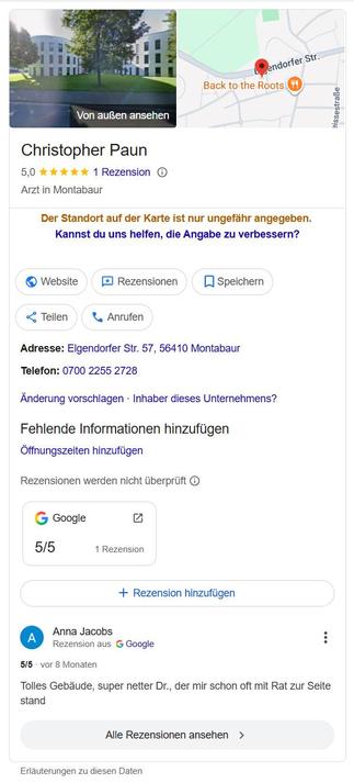 Screenshot der Website Google.de bei einer Suche nach Christopher Paun