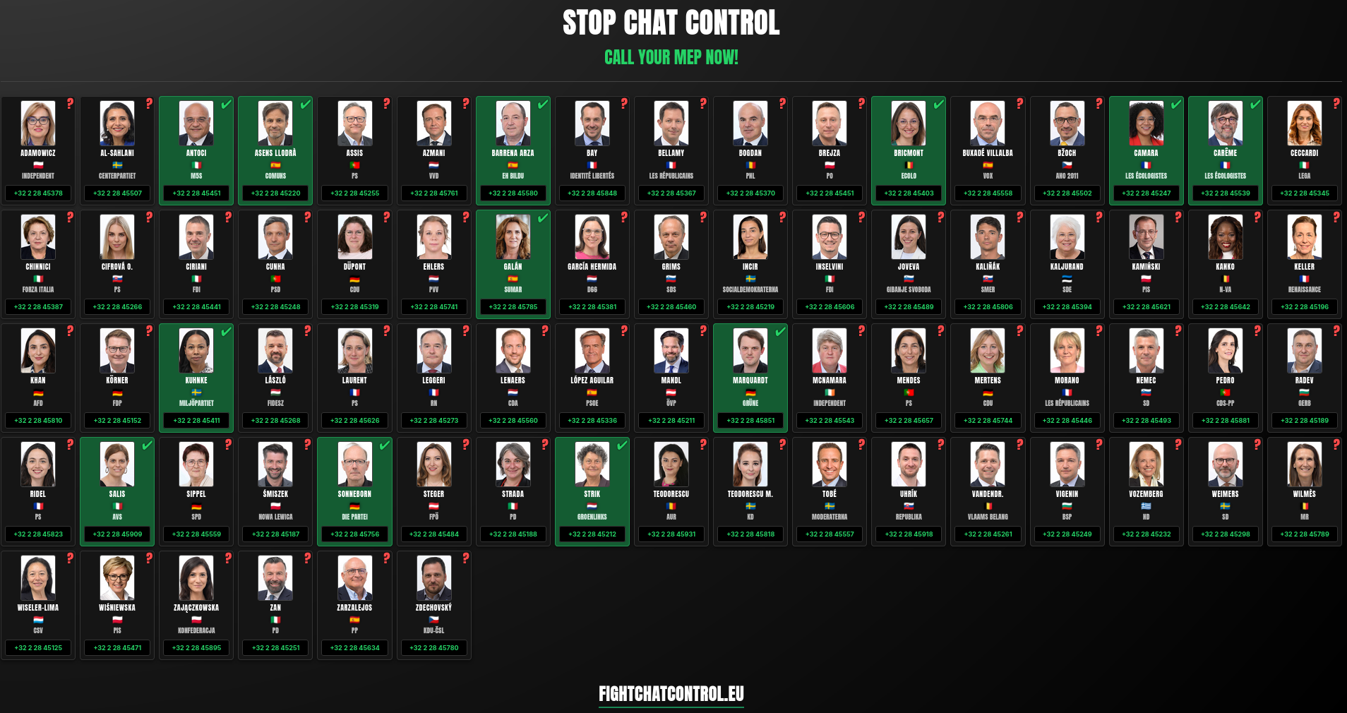 Campaign graphic on a black background with the headline «STOP CHAT CONTROL – Call your MEP now!». Below is a very large grid of portrait tiles showing many Members of the European Parliament from different countries. Each tile includes a name, political affiliation, Brussels office phone number and a phone icon. Some tiles are bright green with a check mark, indicating MEPs who are clearly against Chat Control. Others are dark with a red question mark, meaning their position on mass scanning of private chats is unknown and they are the priority to call. At the bottom centre is the campaign website: fightchatcontrol.eu.