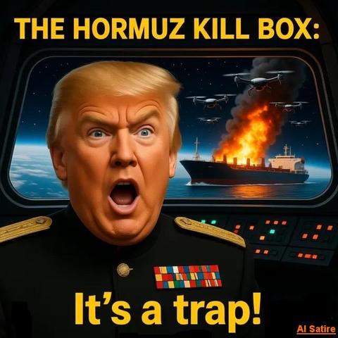 KI-generierte Satire zeigt einen Admiral Trump vor einem brennenden Öltanker mit dem Ausruf „It’s a trap!“ – in Anlehnung an Admiral Ackbar von Star Wars