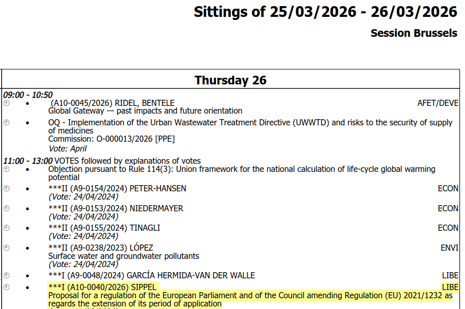 Capture d’écran de l’ordre du jour du Parlement européen pour le jeudi 26 mars 2026, session de Bruxelles. Seul le dernier point de la liste des votes est mis en évidence : rapport Sippel (A10-0040/2026), commission LIBE. Il porte sur une proposition de règlement modifiant le règlement (UE) 2021/1232 en ce qui concerne la prolongation de sa période d’application.