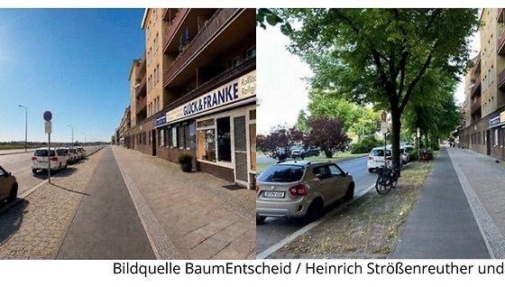 Das Bild zeigt eine Gegenüberstellung desselben Abschnitts am Tempelhofer Damm – einmal ohne und einmal mit Straßenbäumen.

Links wirkt der breite Gehweg kahl, heiß und fast menschenleer. Zwischen Fahrbahn und Häuserzeile gibt es kaum Schatten oder Grün. Rechts verändern große, dicht belaubte Bäume den Straßenraum deutlich: Sie spenden Schatten, gliedern den Gehweg, verbessern die Aufenthaltsqualität und lassen die Straße wesentlich lebendiger und angenehmer erscheinen. Unter den Bäumen stehen Fahrräder und parkende Autos.

Die Bildmontage macht anschaulich, welchen Unterschied ein gewachsener Baumbestand für Stadtklima und Straßenbild bedeutet.

Unten steht der Bildnachweis: „Bildquelle BaumEntscheid / Heinrich Strößenreuther und …“; der letzte Teil ist abgeschnitten.